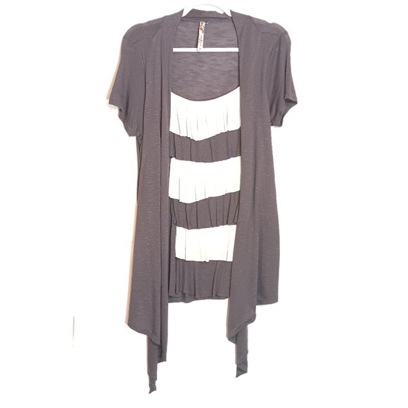 Andrea Ruffle Short Sleeve Blouse With Faux Cardigan Gray White Missy Size M - Picture 1 of 5